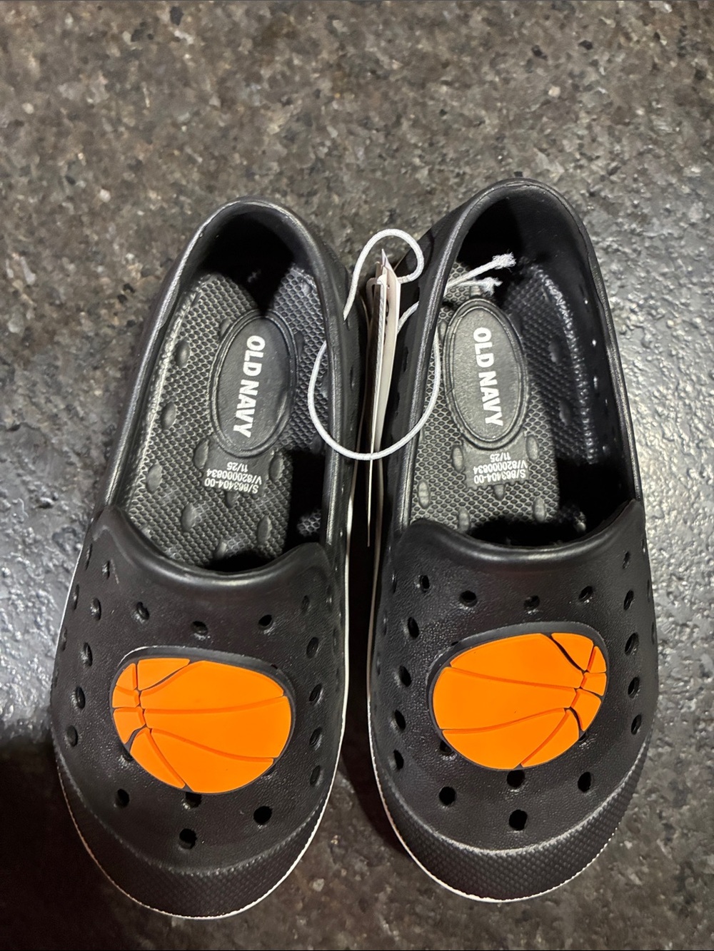 Old Navy Black Kids Slip-On Water Shoes with Orange Basketball Design